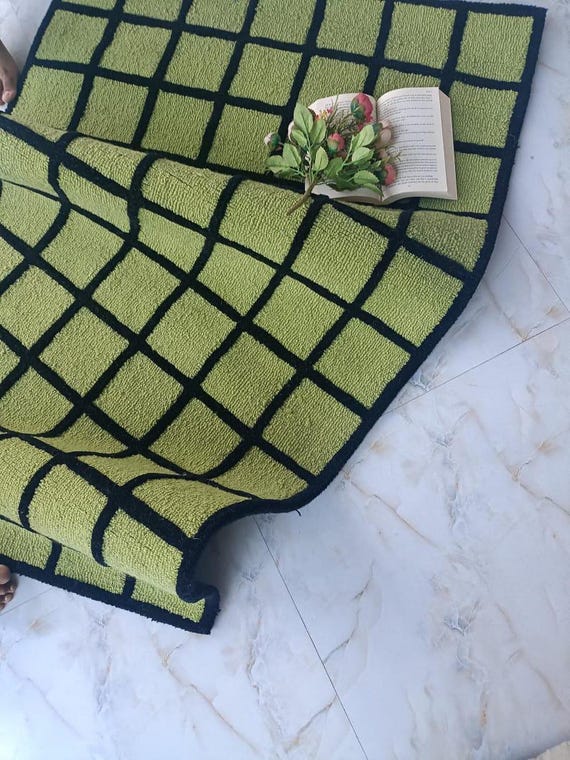 Olive Green Grid Rug, Handmade Checkerboard Area Rug, Modern Geometric Carpet