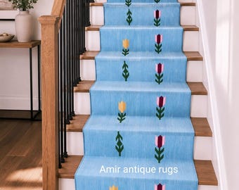 Treppenläufer mit blauem Blumenmuster, handgewebter Dari-Teppich, Treppenhausteppich mit botanischem Motiv, Flurläufer aus Baumwolle, Boho-Wohndekoration