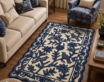 Handgetufteter Blumenteppich, marineblau-elfenbeinfarbener Teppich mit botanischem Muster, Teppich im Vintage-Stil, handgefertigte Wohn- und Schlafzimmerdekoration