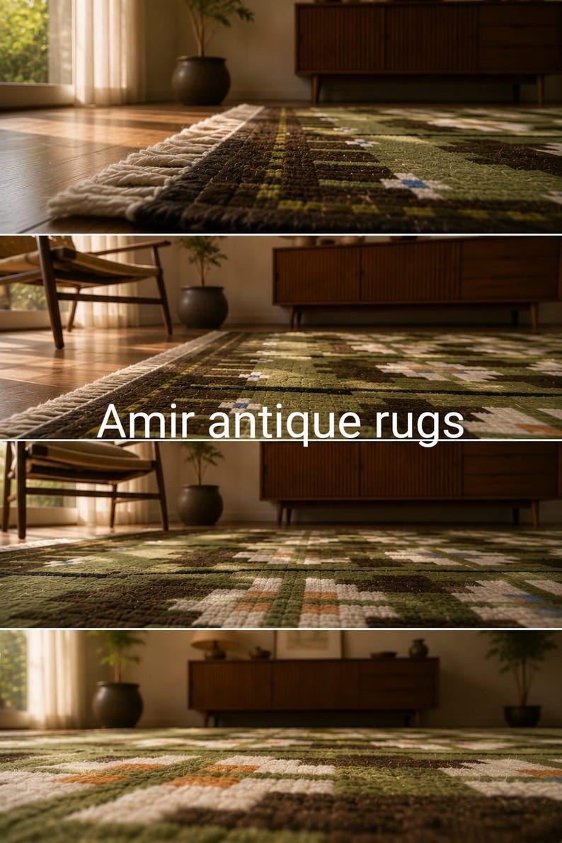 May include: A rectangular area rug featuring a geometric pattern in shades of olive green, dark brown, and white, with white fringe along the edge. The text Amir antique rugs is overlaid on the image. The rug has a textured, woven surface.
