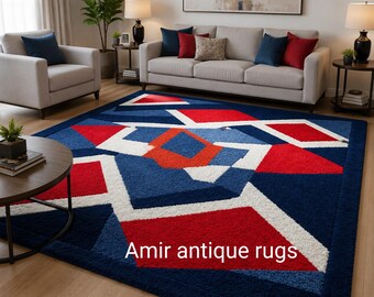 Moderner Geometrischer Teppich Handgemachter Berber Teppich Blau Roter Abstrakter Teppich Handgefertigter Teppich