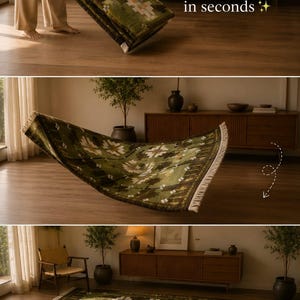 May include: A rectangular area rug featuring a dark green base with a repeating geometric pattern in cream and brown. The rug has short fringe on the ends. Text on the image reads: Watch this space transform in seconds and Amir antique rugs.
