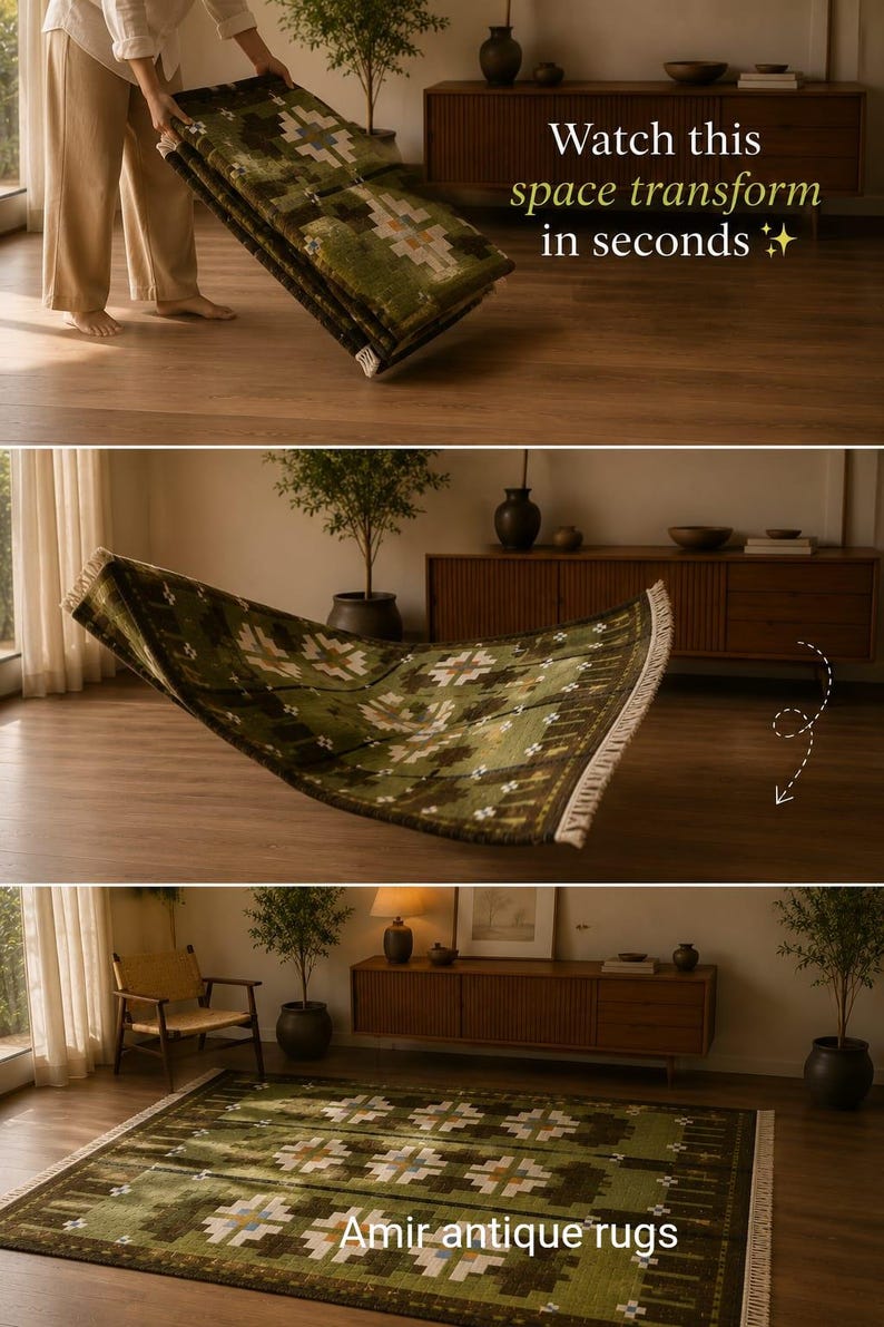 May include: A rectangular area rug featuring a dark green base with a repeating geometric pattern in cream and brown. The rug has short fringe on the ends. Text on the image reads: Watch this space transform in seconds and Amir antique rugs.