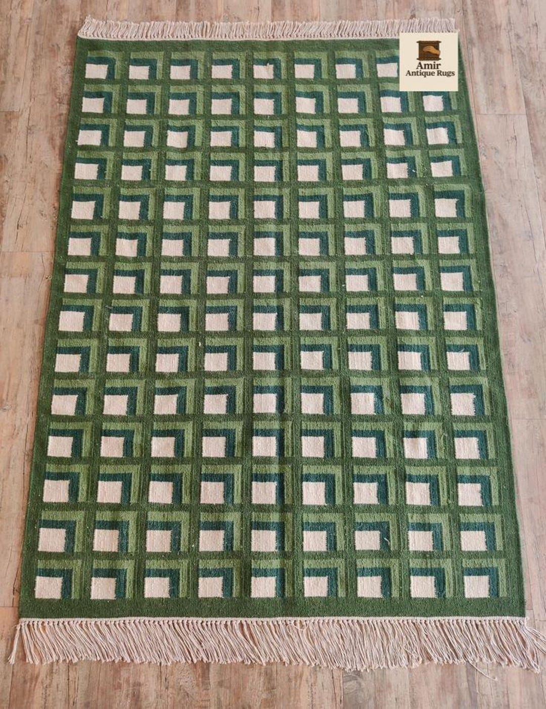 Geometric Square Pattern Area Rug Handmade Green Geometric Wool Rug - Modern 3D Square Pattern Area ...