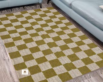 Olive Green Checkerboard Rug, Cream Geometric Area Carpet, Handmade Dhurrie, Modern Retro Living Room Rug, Boho Bedroom Decor