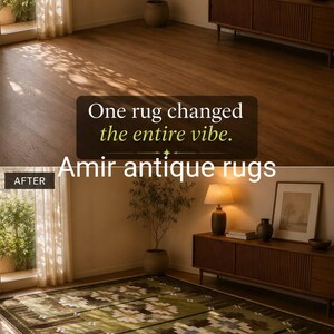 May include: A split-view interior scene showing a room before and after adding a rectangular rug. The rug features a geometric pattern in shades of green, brown, and cream. Text reads: One rug changed the entire vibe. Amir antique rugs.