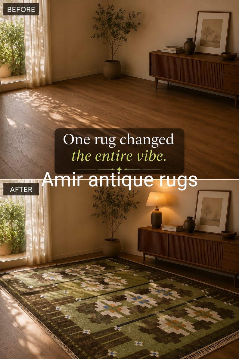 May include: A split-view interior scene showing a room before and after adding a rectangular rug. The rug features a geometric pattern in shades of green, brown, and cream. Text reads: One rug changed the entire vibe. Amir antique rugs.