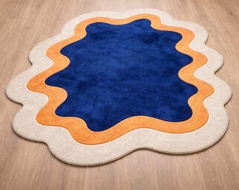 Hand-Woven Wool Kilim Rug, Abstract Blue Orange Irregular Area Carpet 5x8