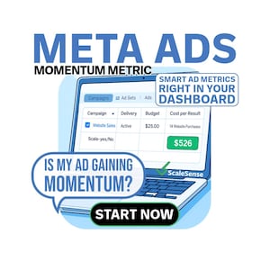 Può includere: Grafica promozionale per Meta Ads, con un laptop che mostra le metriche degli annunci. Il testo include "META ADS", "MOMENTUM METRIC" e "SMART AD METRICS RIGHT IN YOUR DASHBOARD". Un fumetto chiede: "IS MY AD GAINING MOMENTUM?" con un pulsante "START NOW".