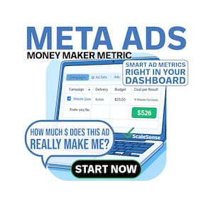 Può includere: Grafica digitale che promuove "META ADS" con il testo "MONEY MAKER METRIC". Lo schermo di un laptop mostra le metriche degli annunci, comprese le vendite del sito web e il costo per risultato. Fumetti chiedono "HOW MUCH $ DOES THIS AD REALLY MAKE ME?" e "SMART AD METRICS RIGHT IN YOUR DASHBOARD." Un pulsante verde recita "START NOW."