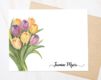Tulips Stationery Set, Floral Notecards with Envelopes, Flat Note Cards for Women, Greenery, Tulips, Best Friend Gifts, Easter, Floral