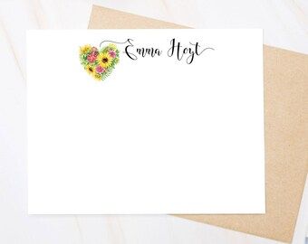 Sunflower Note Cards Set for Her, Flat Notecards, Stationary for Woman, Sunflower Notecards, Floral, Greenery, Yellow, Birthday Gifts