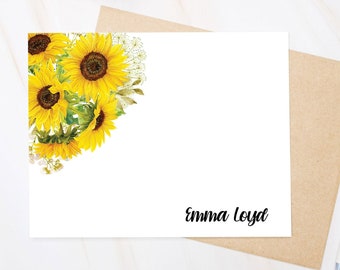 Personalized Sunflower Notecards Set, Flat Personalized Stationary for Woman, Watercolor Sunflower Notecards, Floral, Yellow, Birthday Gifts