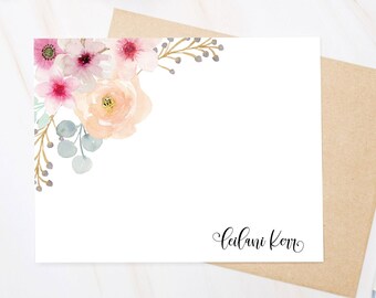 Personalized Pink Floral Notecards Set, Flat Note Cards Stationery Set, Thank You Cards, Best Friend Gifts, Greenery, Floral