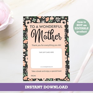 Printable Mothers Day Gift Card Holder Digital, Instant Download, Mom Gift, Coffee Card, Spa Gift Card Holder, Last Minute Gifts for Mom
