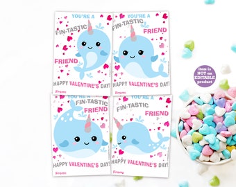 Printable Valentine Cards for Kids, Valentines Day Printable, Classroom Valentines, Narwhal Valentine Card, Instant Download