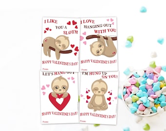 Printable Valentines Sloth Card, Valentines Day Printable, Classroom Valentines, Valentine Cards for Kids, Instant Download
