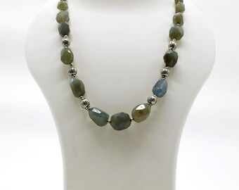 Faceted Crystal Quartz Necklace: Chunky Olive Green Gemstone Jewelry