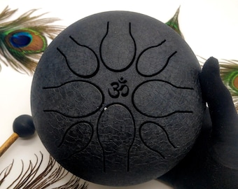 Black Steel Tongue Drum | 6 Inch Om Design, Meditation Gift