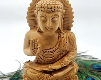 Houten Boeddhabeeld | Abhaya mudra-meditatie-idool | Handgesneden heilig beeldje | Zen-huisdecoratie