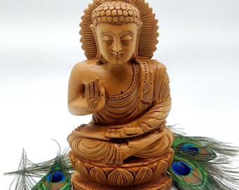 Houten Boeddhabeeld | Abhaya mudra-meditatie-idool | Handgesneden heilig beeldje | Zen-huisdecoratie