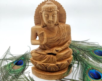 Houten Boeddhabeeld | Abhaya mudra-meditatie-idool | Handgesneden heilig beeldje | Zen-huisdecoratie
