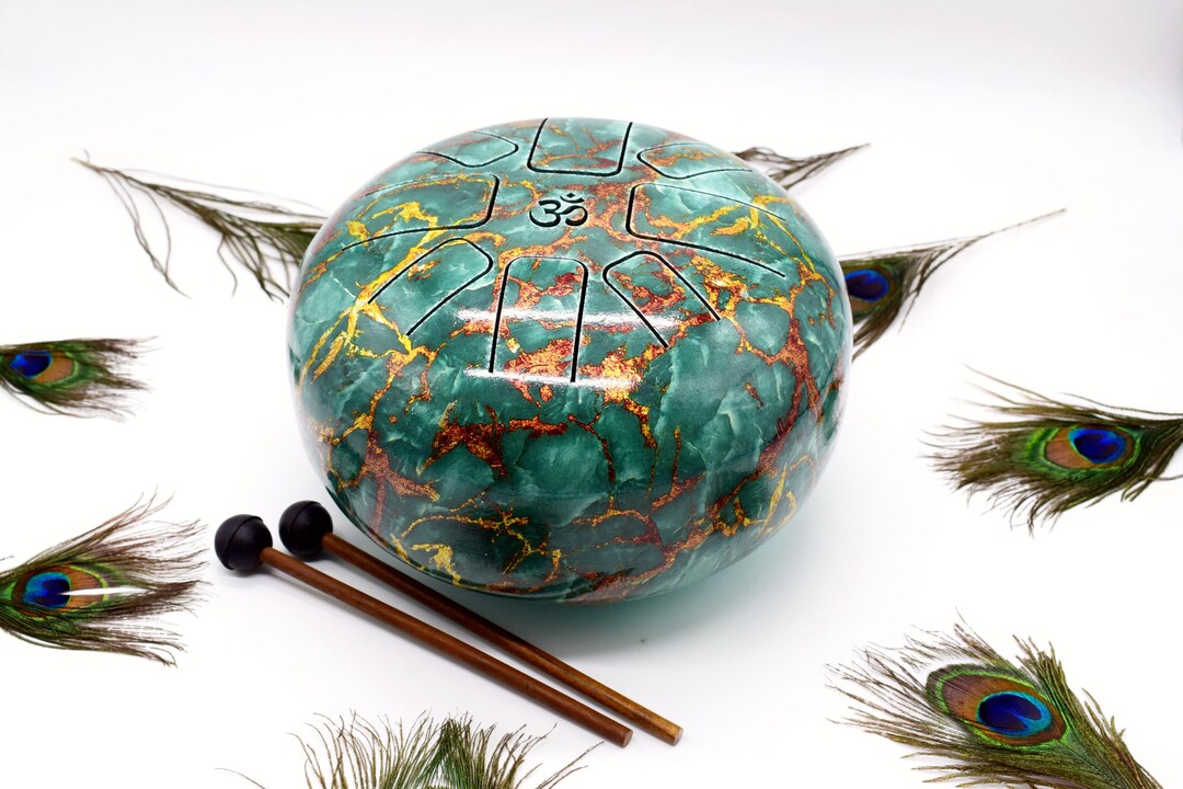 Turquoise Marble Steel Tongue Drum Om Symbol | 10-inch Handpan for ...