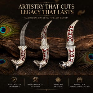May include: Three ornate daggers with curved blades and decorative handles featuring red and silver patterns. The text ARTISTRY THAT CUTS LEGACY THAT LASTS and TRADITIONAL DAGGERS, TIMELESS BEAUTY appears at the top, with icons and text at the bottom.