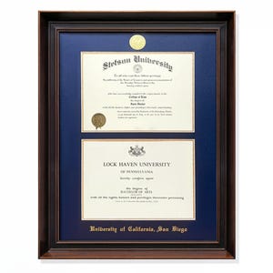 May include: A dark brown wooden frame containing two university diplomas and a gold seal on a navy blue mat. The top document reads Stetson University, the bottom reads Lock Haven University of Pennsylvania, and the text University of California, San Diego is printed at the bottom.