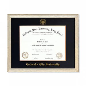 May include: A framed diploma from California State University, Long Beach, with a Bachelor of Arts degree. The frame is silver with a black mat, and the university name is displayed in gold lettering.