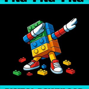 Puede incluir: Ilustración colorida de una figura hecha de bloques de construcción de juguete, haciendo un dab. La figura está compuesta por bloques de varios colores, incluyendo verde, azul, amarillo y naranja. Incluye el texto "PNG PNG PNG" y "DESCARGA DIGITAL".
