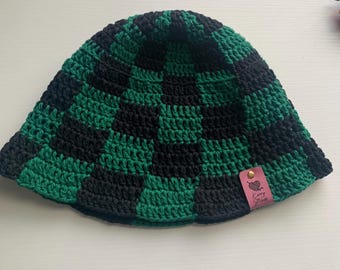 Anime Inspired Checkered Crochet Bucket Hat