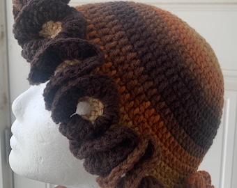 Latte Stripe Crochet Ruffle Hat