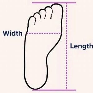 May include: A black outline illustration of a human foot on a light background. Purple dashed lines indicate the measurement points for width and length, with the text labels Width and Length clearly printed next to the respective dimensions.