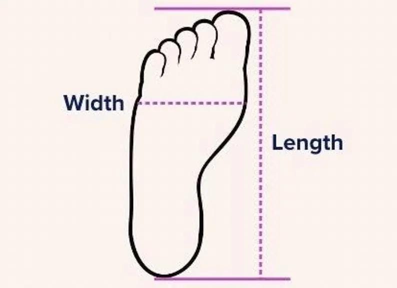 May include: A black outline illustration of a human foot on a light background. Purple dashed lines indicate the measurement points for width and length, with the text labels Width and Length clearly printed next to the respective dimensions.