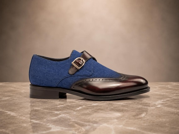 Men’s Blue & Burgundy Leather Monk Strap Shoes