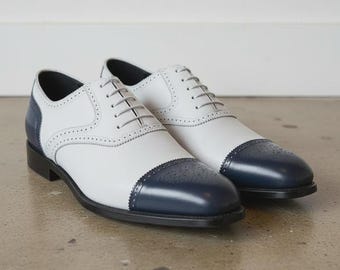 Handmade White & Navy Spectator Brogue Shoes – Men’s Oxford Dress Shoes