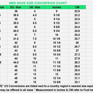 May include: A shoe size conversion chart titled MEN SHOE SIZE CONVERSION CHART. The table lists US, EU, and UK sizes alongside corresponding measurements in inches and centimetres, ranging from US size 5 to 16, with a note about foot heel-to-toe measurements.