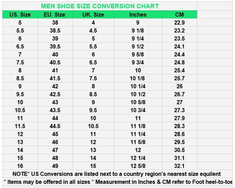 May include: A shoe size conversion chart titled MEN SHOE SIZE CONVERSION CHART. The table lists US, EU, and UK sizes alongside corresponding measurements in inches and centimetres, ranging from US size 5 to 16, with a note about foot heel-to-toe measurements.