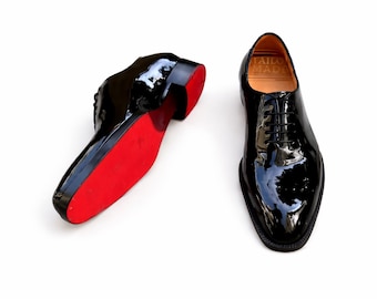 Handmade Black Patent Leather Oxford Shoes with Red Sole