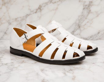 White Leather Fisherman Sandals for Men | Handmade Summer Shoes | Minimalist Flat Sandals