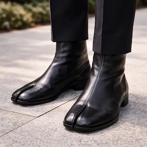 May include: Black leather split-toe boots with a low heel. The boots have a sleek, polished appearance and are worn with black trousers. The unique design features a separation between the big toe and the other toes.