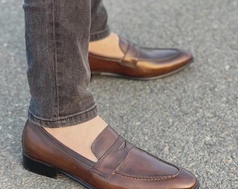Men’s Brown Leather Penny Loafers – Classic Slip-On Dress Shoes
