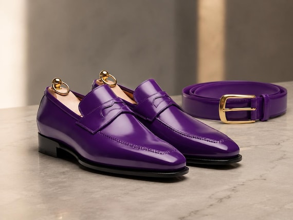 Handmade Purple Penny Loafers with Matching Belt – Men's Formal Leather Shoe Set