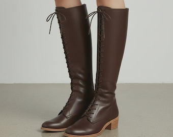 Damskie ręcznie robione brązowe skórzane kozaki do kolan – sznurowane, eleganckie