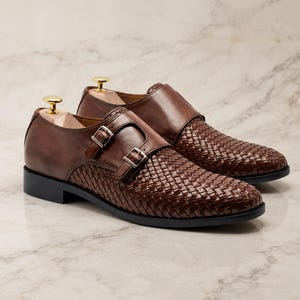 Handmade Brown Woven Leather Monk Strap Shoes for Men