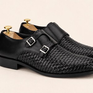 Men’s Black Woven Double Monk Strap Shoes – Handmade Luxury Leather Shoes