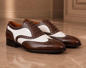 Men's Brown & White Spectator Oxford Shoes – Handmade Leather Wingtip Brogues