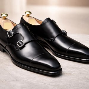 Black Double Monk Strap Shoes for Men – Handmade Leather Formal Dress Shoes