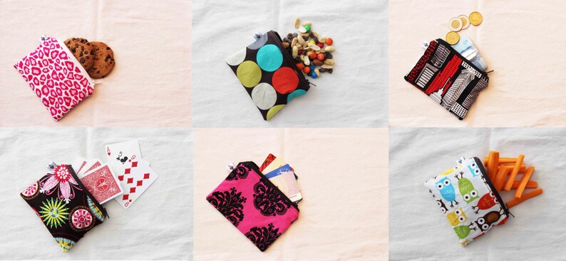 May include: A collection of small zippered pouches with various patterns and designs. The pouches are filled with different items, such as snacks, cards, and coins.